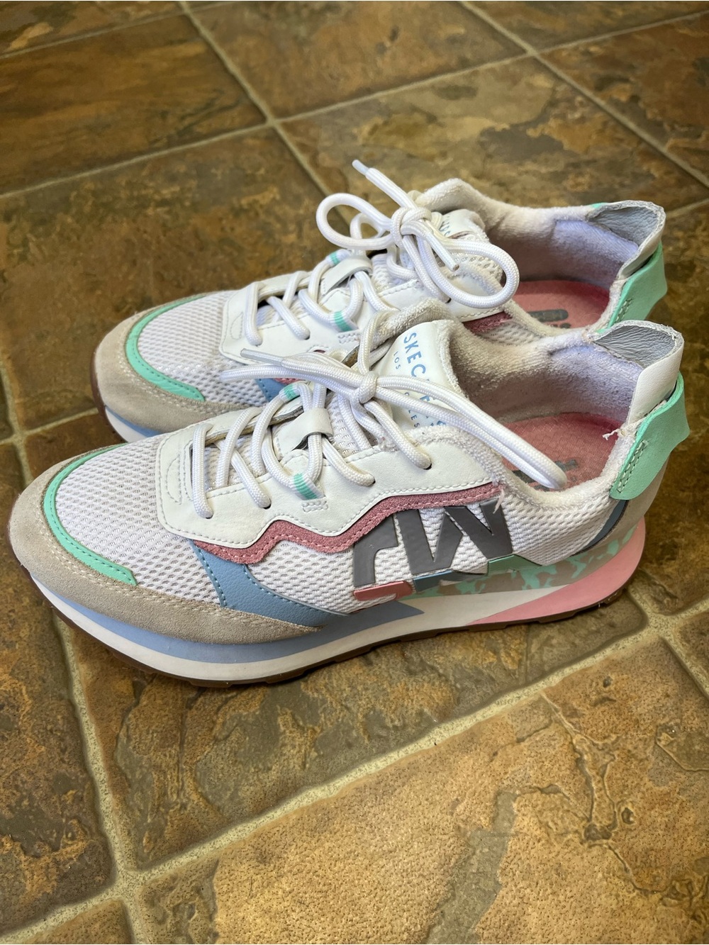 Skechers Women's White Sneakers with Pastel Pink, Mint & Blue Accents